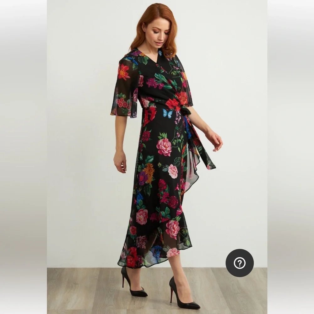 Joseph Ribkoff Floral Wrap Midi Dress Black Multicolor Size 8 Elegant Chic